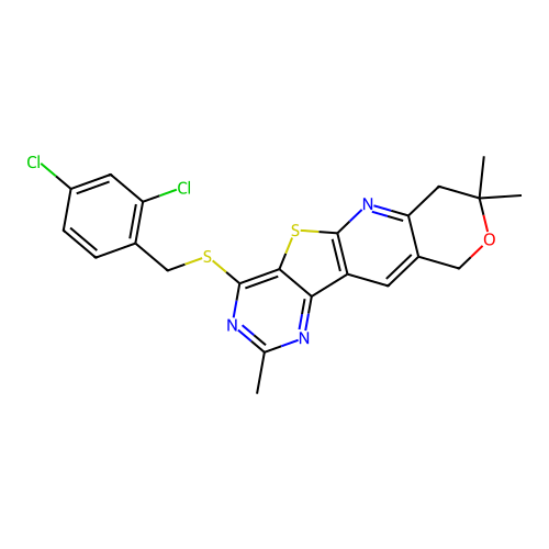 4-((2,4-dichlorobenzyl)thio)-2,8,8-trimethyl-8,10-dihydro-7H-pyrano[3'',4'':5',6']pyrido[3',2':4,5]thieno[3,2-d]pyrimidine structure
