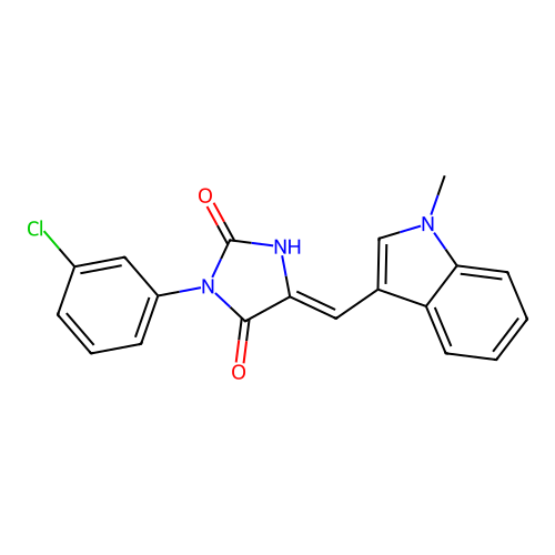 (Z)-3-(3-chlorophenyl)-5-((1-methyl-1H-indol-3-yl)methylene)imidazolidine-2,4-dione structure
