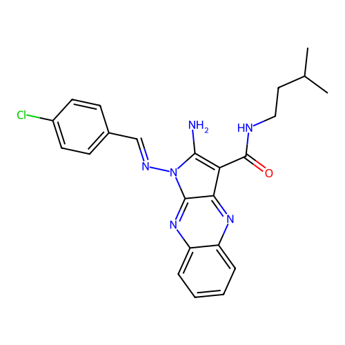 (E)-2-amino-1-((4-chlorobenzylidene)amino)-N-isopentyl-1H-pyrrolo[2,3-b]quinoxaline-3-carboxamide structure