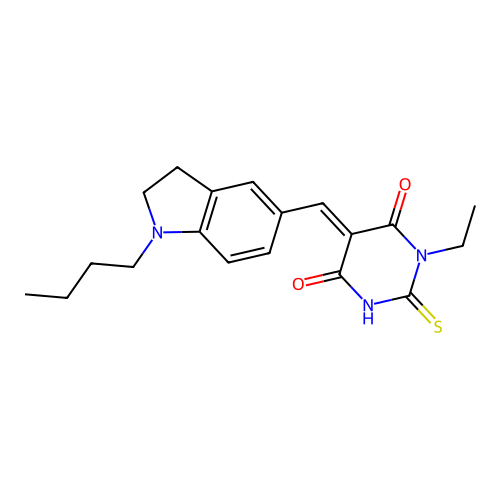 (E)-5-((1-butylindolin-5-yl)methylene)-1-ethyl-2-thioxodihydropyrimidine-4,6(1H,5H)-dione structure