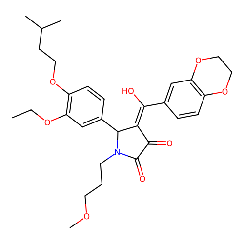 (4E)-4-[2,3-dihydro-1,4-benzodioxin-6-yl(hydroxy)methylidene]-5-[3-ethoxy-4-(3-methylbutoxy)phenyl]-1-(3-methoxypropyl)pyrrolidine-2,3-dione structure