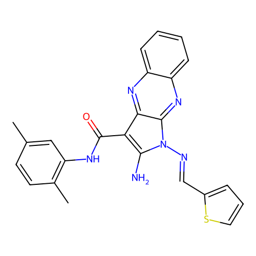 (E)-2-amino-N-(2,5-dimethylphenyl)-1-((thiophen-2-ylmethylene)amino)-1H-pyrrolo[2,3-b]quinoxaline-3-carboxamide structure