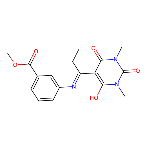 methyl 3-[1-(1,3-dimethyl-2,4,6-trioxo-1,3-diazinan-5-ylidene)propylamino]benzoate structure