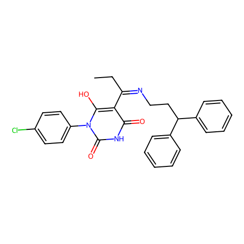 1-(4-chlorophenyl)-5-[1-(3,3-diphenylpropylamino)propylidene]-1,3-diazinane-2,4,6-trione structure