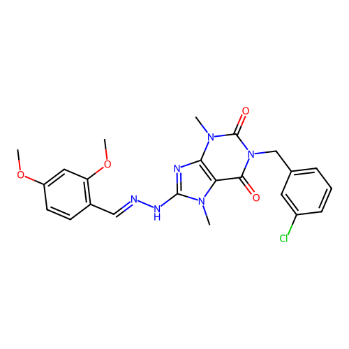 (E)-1-(3-chlorobenzyl)-8-(2-(2,4-dimethoxybenzylidene)hydrazinyl)-3,7-dimethyl-1H-purine-2,6(3H,7H)-dione structure