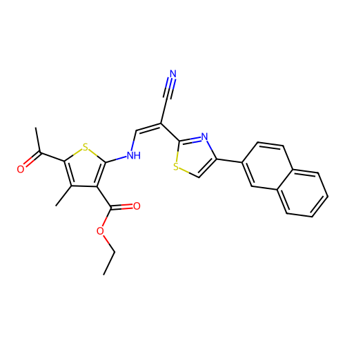 (Z)-ethyl 5-acetyl-2-((2-cyano-2-(4-(naphthalen-2-yl)thiazol-2-yl)vinyl)amino)-4-methylthiophene-3-carboxylate structure