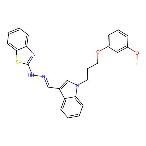 N-[[1-[3-(3-methoxyphenoxy)propyl]indol-3-yl]methylideneamino]benzothiazol-2-amine structure
