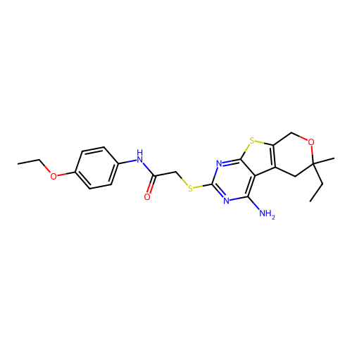 2-[(4-amino-6-ethyl-6-methyl-5,8-dihydro-6H-pyrano[4',3':4,5]thieno[2,3-d]pyrimidin-2-yl)sulfanyl]-N-(4-ethoxyphenyl)acetamide structure