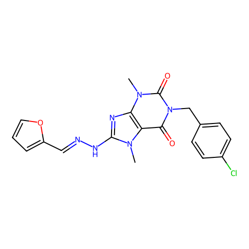 (E)-1-(4-chlorobenzyl)-8-(2-(furan-2-ylmethylene)hydrazinyl)-3,7-dimethyl-1H-purine-2,6(3H,7H)-dione structure
