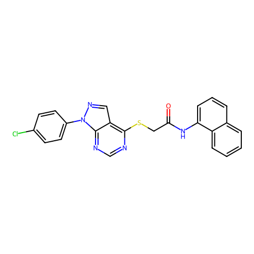 2-[1-(4-chlorophenyl)pyrazolo[3,4-d]pyrimidin-4-yl]sulfanyl-N-naphthalen-1-ylacetamide structure