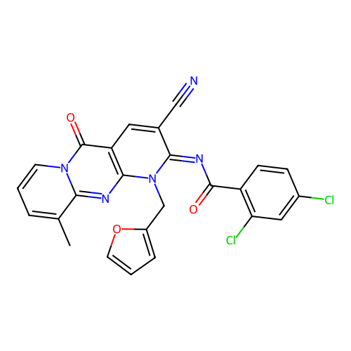 (Z)-2,4-dichloro-N-(3-cyano-1-(furan-2-ylmethyl)-10-methyl-5-oxo-1H-dipyrido[1,2-a:2',3'-d]pyrimidin-2(5H)-ylidene)benzamide structure