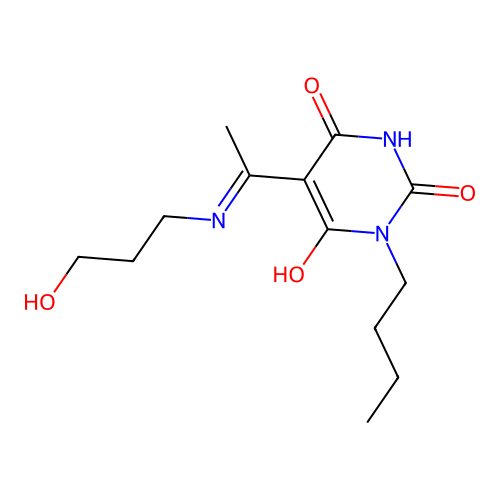 1-butyl-5-[1-(3-hydroxypropylamino)ethylidene]-1,3-diazinane-2,4,6-trione structure