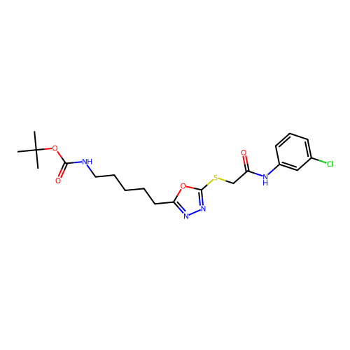 tert-butyl (5-(5-((2-((3-chlorophenyl)amino)-2-oxoethyl)thio)-1,3,4-oxadiazol-2-yl)pentyl)carbamate structure