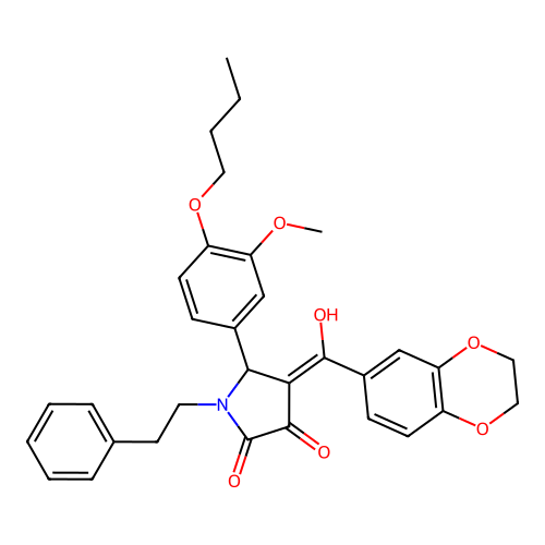 (4E)-5-(4-butoxy-3-methoxyphenyl)-4-[2,3-dihydro-1,4-benzodioxin-6-yl(hydroxy)methylidene]-1-(2-phenylethyl)pyrrolidine-2,3-dione structure