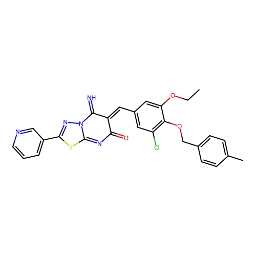 (6Z)-6-[[3-chloro-5-ethoxy-4-[(4-methylphenyl)methoxy]phenyl]methylidene]-5-imino-2-pyridin-3-yl-[1,3,4]thiadiazolo[3,2-a]pyrimidin-7-one structure