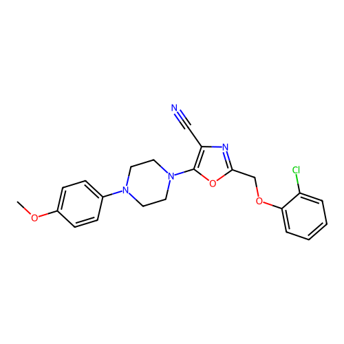 2-[(2-chlorophenoxy)methyl]-5-[4-(4-methoxyphenyl)piperazin-1-yl]-1,3-oxazole-4-carbonitrile structure