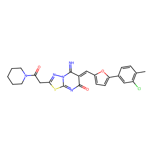(6Z)-6-[[5-(3-chloro-4-methylphenyl)furan-2-yl]methylidene]-5-imino-2-(2-oxo-2-piperidin-1-ylethyl)-[1,3,4]thiadiazolo[3,2-a]pyrimidin-7-one structure