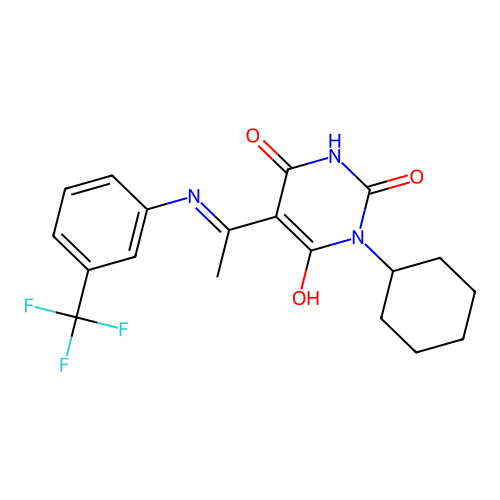 (5Z)-1-cyclohexyl-5-[1-[3-(trifluoromethyl)anilino]ethylidene]-1,3-diazinane-2,4,6-trione structure