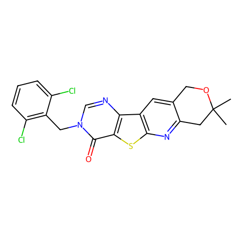 3-(2,6-dichlorobenzyl)-8,8-dimethyl-7,10-dihydro-8H-pyrano[3'',4'':5',6']pyrido[3',2':4,5]thieno[3,2-d]pyrimidin-4(3H)-one structure