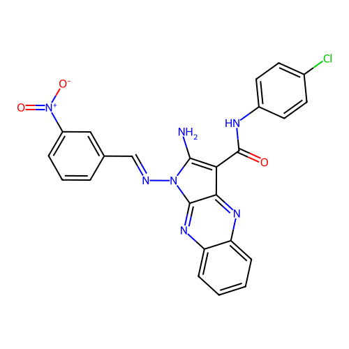 (E)-2-amino-N-(4-chlorophenyl)-1-((3-nitrobenzylidene)amino)-1H-pyrrolo[2,3-b]quinoxaline-3-carboxamide structure