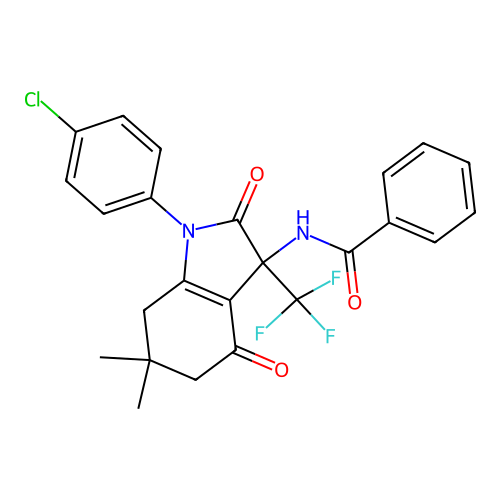 N-[1-(4-chlorophenyl)-6,6-dimethyl-2,4-dioxo-3-(trifluoromethyl)-2,3,4,5,6,7-hexahydro-1H-indol-3-yl]benzamide structure