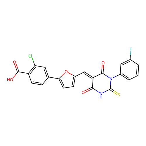 (E)-2-chloro-4-(5-((1-(3-fluorophenyl)-4,6-dioxo-2-thioxotetrahydropyrimidin-5(2H)-ylidene)methyl)furan-2-yl)benzoic acid structure