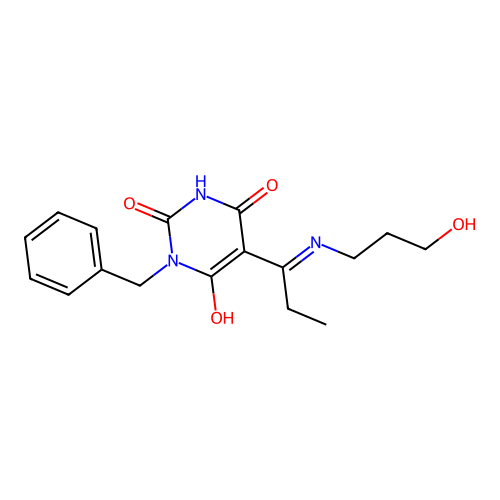 1-benzyl-5-[1-(3-hydroxypropylamino)propylidene]-1,3-diazinane-2,4,6-trione structure