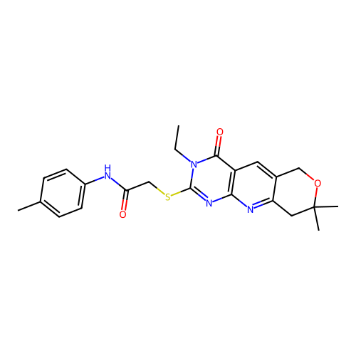 2-((3-ethyl-8,8-dimethyl-4-oxo-4,6,8,9-tetrahydro-3H-pyrano[3',4':5,6]pyrido[2,3-d]pyrimidin-2-yl)thio)-N-(p-tolyl)acetamide structure