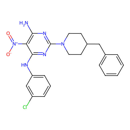{6-Amino-5-nitro-2-[4-benzylpiperidyl]pyrimidin-4-yl}(3-chlorophenyl)amine structure