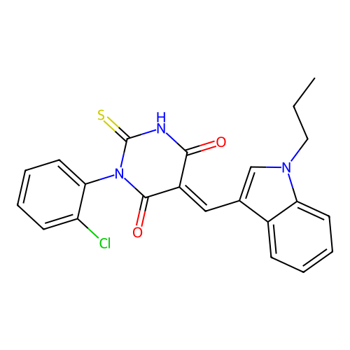 (5E)-1-(2-chlorophenyl)-5-[(1-propyl-1H-indol-3-yl)methylidene]-2-sulfanylpyrimidine-4,6(1H,5H)-dione structure
