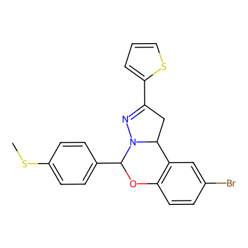 1-(2-bromo-9-(2-thienyl)(6H,10aH-benzo[e]2-pyrazolino[1,5-c]1,3-oxazin-6-yl))- 4-methylthiobenzene structure