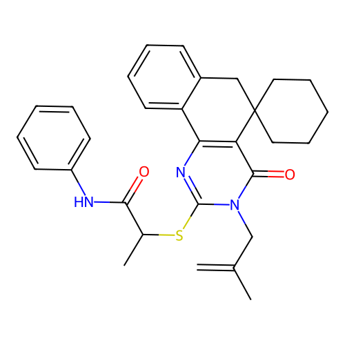 2-((3-(2-methylallyl)-4-oxo-4,6-dihydro-3H-spiro[benzo[h]quinazoline-5,1'-cyclohexan]-2-yl)thio)-N-phenylpropanamide structure