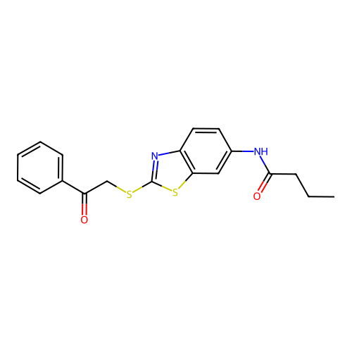 N-{2-[(2-oxo-2-phenylethyl)sulfanyl]-1,3-benzothiazol-6-yl}butanamide structure