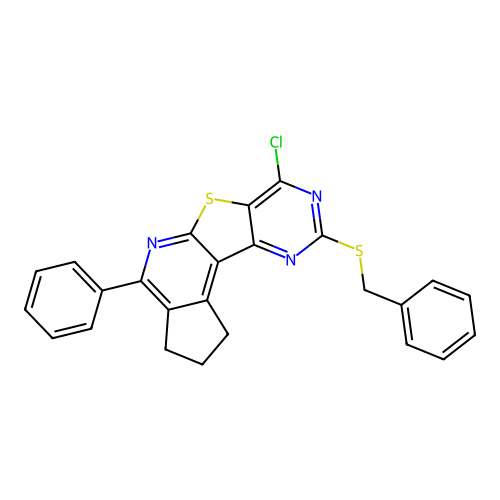 9-(benzylsulfanyl)-7-chloro-4-phenyl-2,3-dihydro-1H-cyclopenta[4',5']pyrido[3',2':4,5]thieno[3,2-d]pyrimidine structure