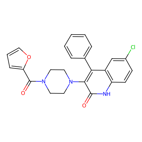 6-chloro-3-[4-(2-furoyl)-1-piperazinyl]-4-phenyl-2(1H)-quinolinone structure