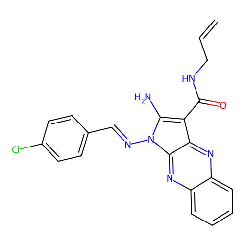(E)-N-allyl-2-amino-1-((4-chlorobenzylidene)amino)-1H-pyrrolo[2,3-b]quinoxaline-3-carboxamide structure