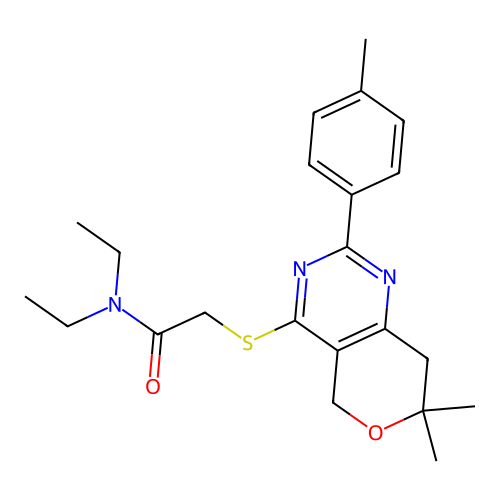 2-((7,7-dimethyl-2-(p-tolyl)-7,8-dihydro-5H-pyrano[4,3-d]pyrimidin-4-yl)thio)-N,N-diethylacetamide structure