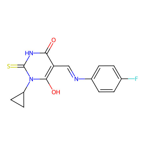 1-cyclopropyl-5-[(4-fluoroanilino)methylidene]-2-sulfanylidene-1,3-diazinane-4,6-dione structure