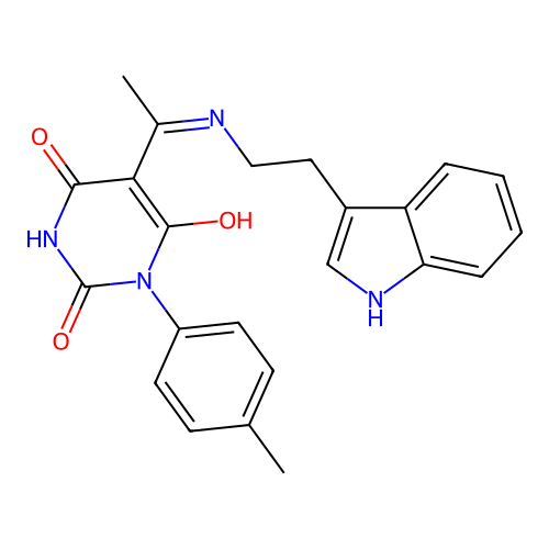 5-[1-[2-(1H-indol-3-yl)ethylamino]ethylidene]-1-(4-methylphenyl)-1,3-diazinane-2,4,6-trione structure