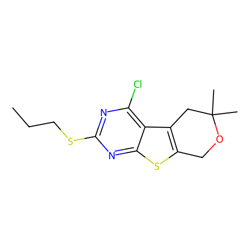 4-chloro-6,6-dimethyl-2-(propylsulfanyl)-5,8-dihydro-6H-pyrano[4',3':4,5]thieno[2,3-d]pyrimidine structure