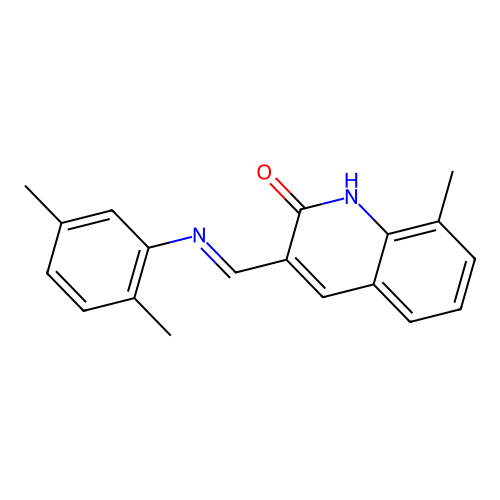 (E)-3-(((2,5-dimethylphenyl)imino)methyl)-8-methylquinolin-2-ol structure