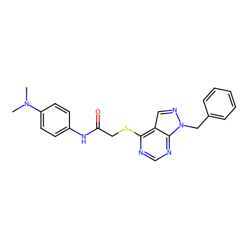 2-((1-benzyl-1H-pyrazolo[3,4-d]pyrimidin-4-yl)thio)-N-(4-(dimethylamino)phenyl)acetamide structure