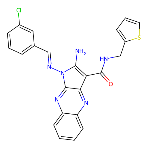 (E)-2-amino-1-((3-chlorobenzylidene)amino)-N-(thiophen-2-ylmethyl)-1H-pyrrolo[2,3-b]quinoxaline-3-carboxamide structure