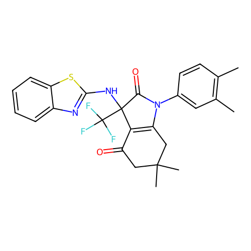 3-(1,3-benzothiazol-2(3H)-ylideneamino)-1-(3,4-dimethylphenyl)-6,6-dimethyl-3-(trifluoromethyl)-3,5,6,7-tetrahydro-1H-indole-2,4-dione structure