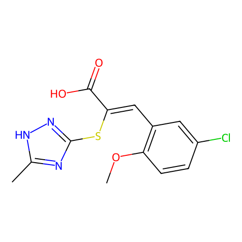 (Z)-3-(5-chloro-2-methoxyphenyl)-2-((5-methyl-4H-1,2,4-triazol-3-yl)thio)acrylic acid structure