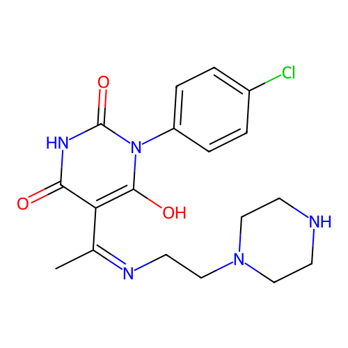 1-(4-chlorophenyl)-5-[1-(2-piperazin-1-ylethylamino)ethylidene]-1,3-diazinane-2,4,6-trione structure