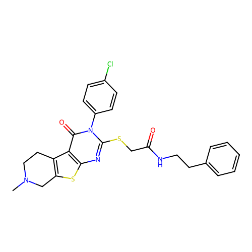 2-((3-(4-chlorophenyl)-7-methyl-4-oxo-3,4,5,6,7,8-hexahydropyrido[4',3':4,5]thieno[2,3-d]pyrimidin-2-yl)thio)-N-phenethylacetamide structure