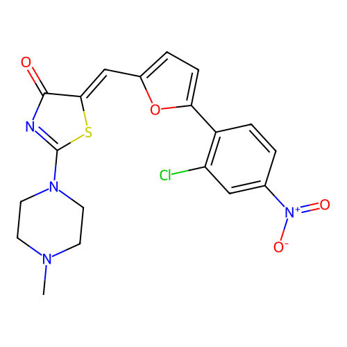 (5Z)-5-[[5-(2-chloro-4-nitrophenyl)furan-2-yl]methylidene]-2-(4-methylpiperazin-1-yl)-1,3-thiazol-4-one structure