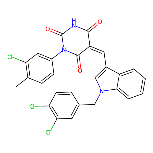 (5Z)-1-(3-chloro-4-methylphenyl)-5-[[1-[(3,4-dichlorophenyl)methyl]indol-3-yl]methylidene]-1,3-diazinane-2,4,6-trione structure