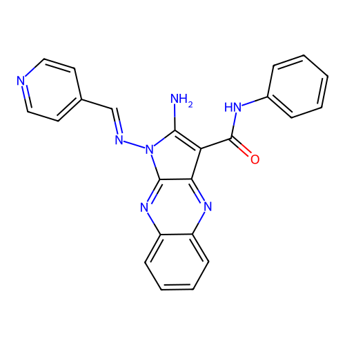 (E)-2-amino-N-phenyl-1-((pyridin-4-ylmethylene)amino)-1H-pyrrolo[2,3-b]quinoxaline-3-carboxamide structure